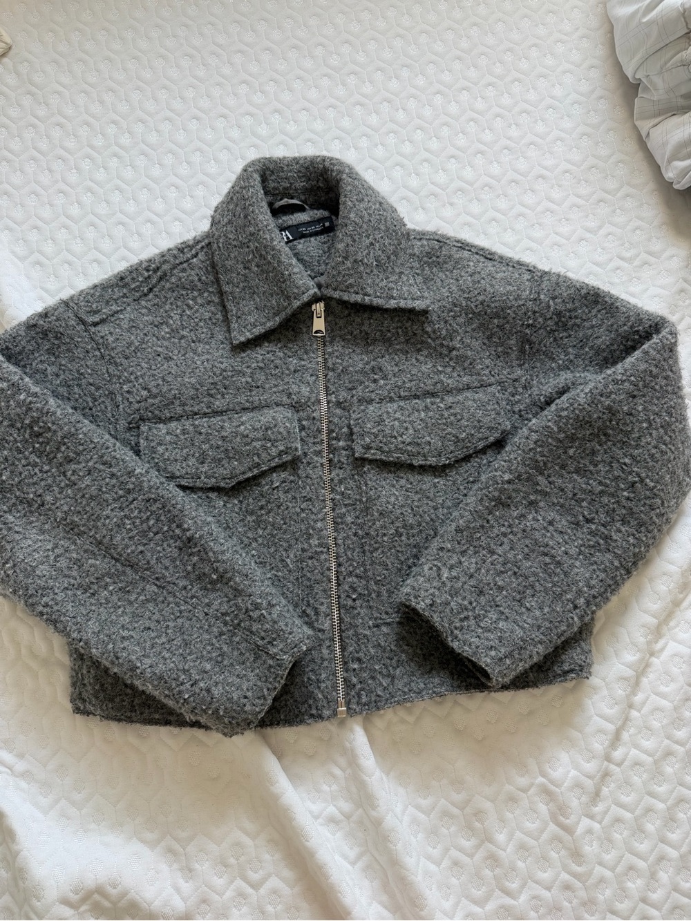Grey Bouclé Zip-Front Women's Jacket Zara